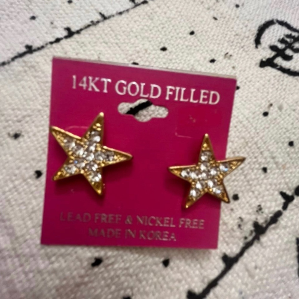 14kt Gold Filled Five Point Star Earrings With Rhinestones